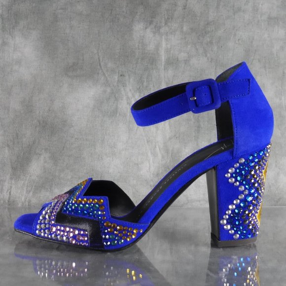 Giuseppe Zanotti LAVINIA Blue Suede Crystal Peep Toe Heels Size 7* US 37 EU S1E1 - Picture 8 of 12